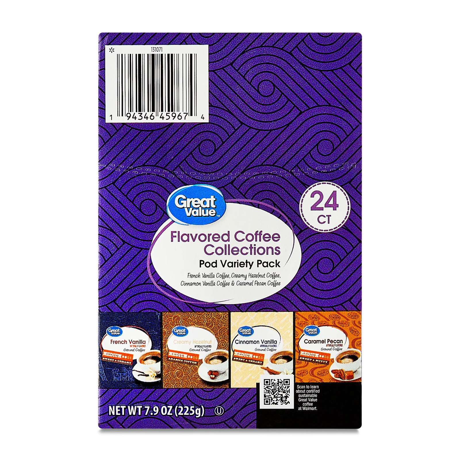 Great Value Flavored Medium Roast Ground Coffee Pods Variety Pack, 7.9 oz, 24 Co