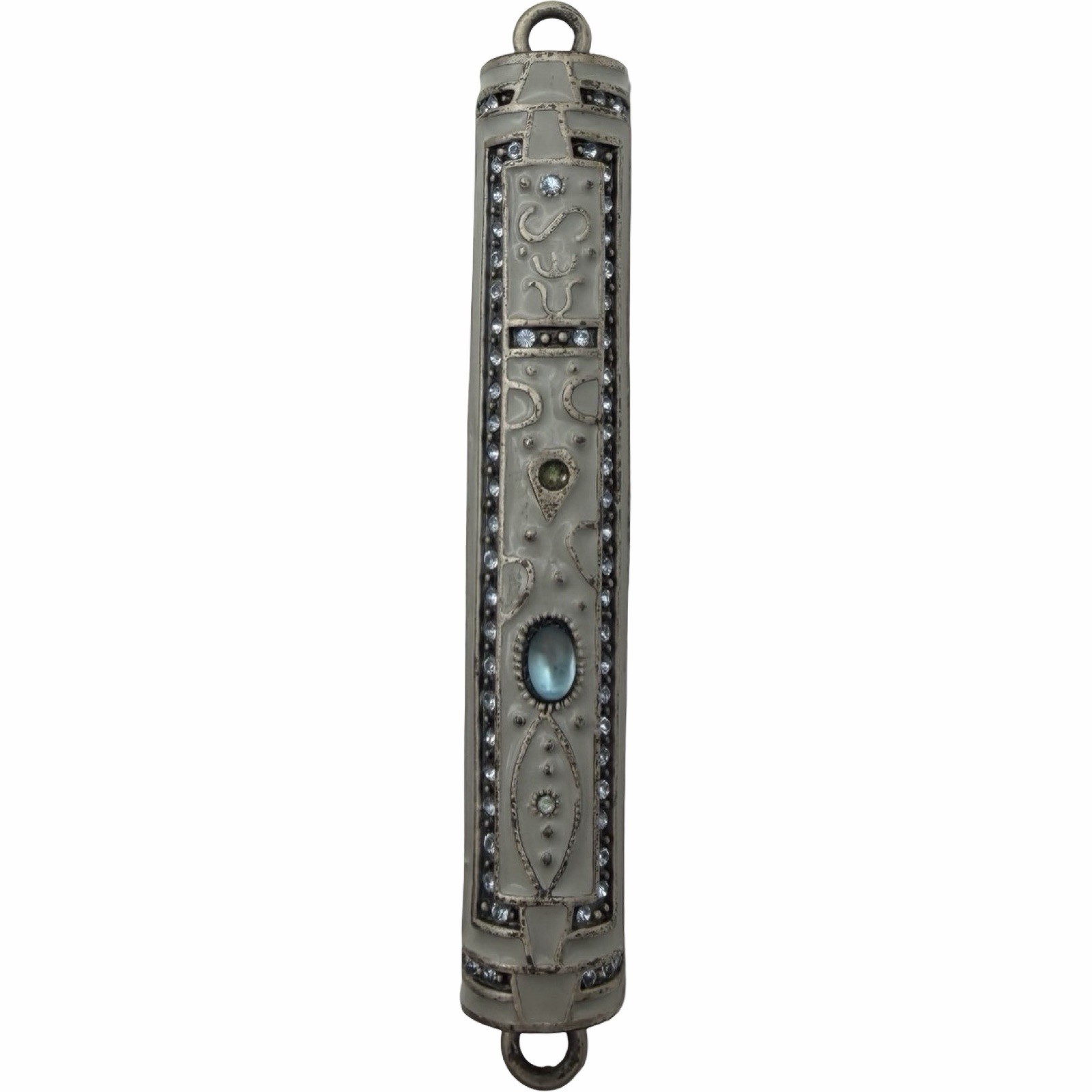 Vintage Enameled Mezuzah Case w Scroll Rhinestones Judaica Door Blessing