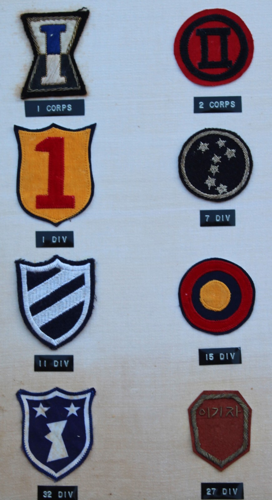 23 REPUBLIC OF KOREA (ROK) DIVISION PATCHES MOUNTED IN A FRAME