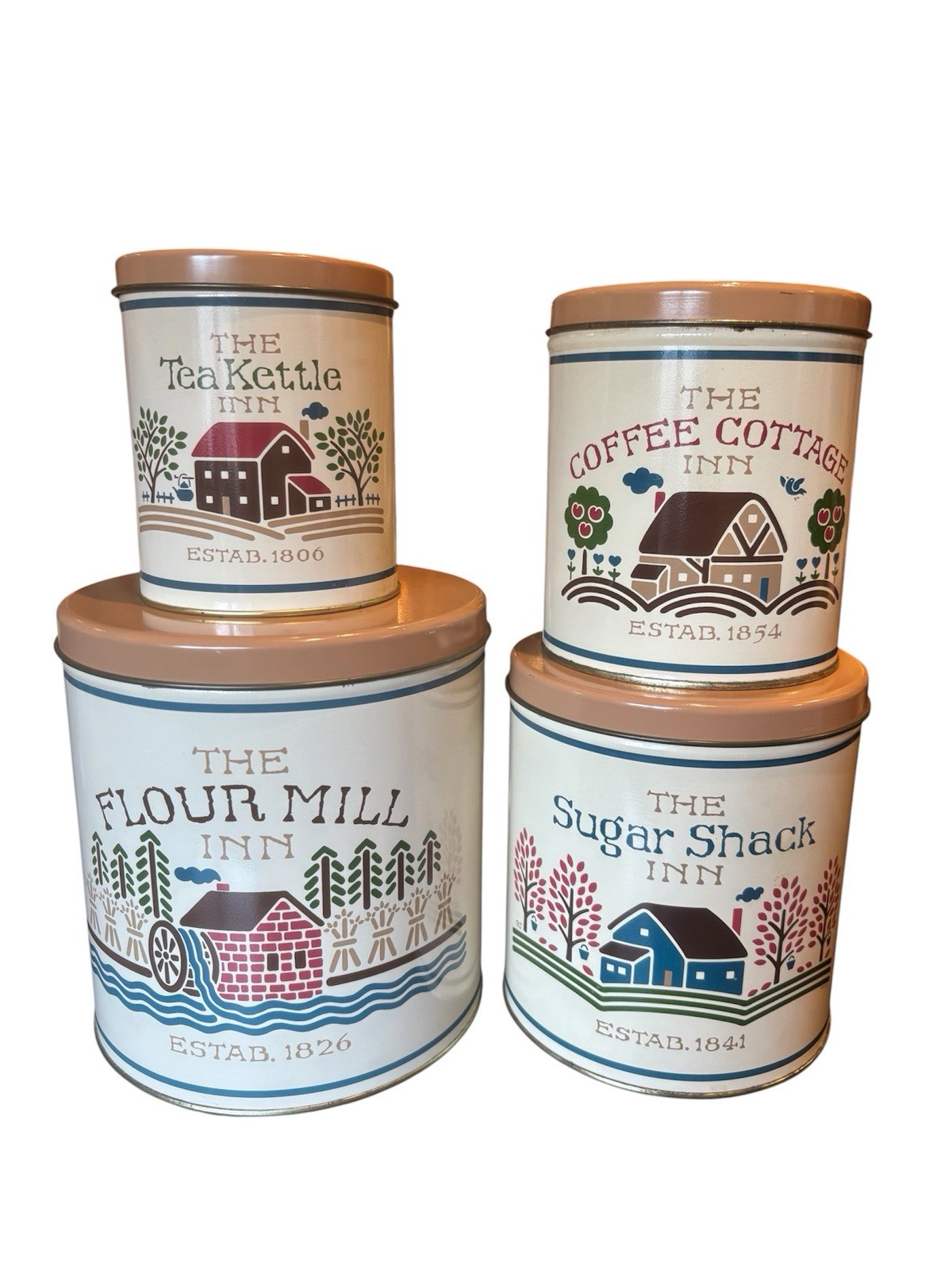 Vntg Country Mill Tin Canister Set Country Farmhouse 4 Pcs. Nesting Pre-Owned