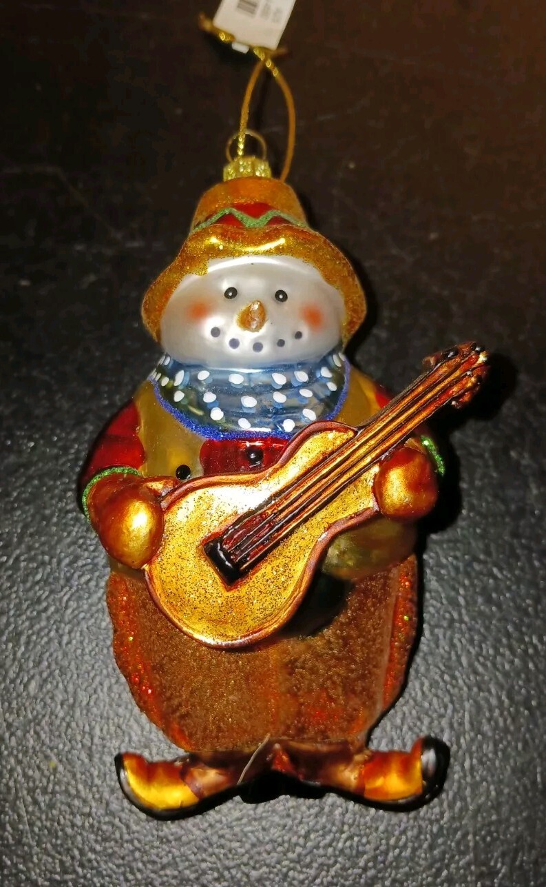 Blown Glass Christmas Ornament Snowman Cowboy Guitar Boots 4.5″