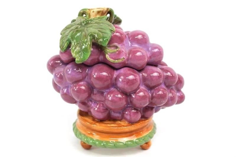 Vintage Amscan Ceramic Grape Cluster Trinket Box on Footed Stool 5″ Tall