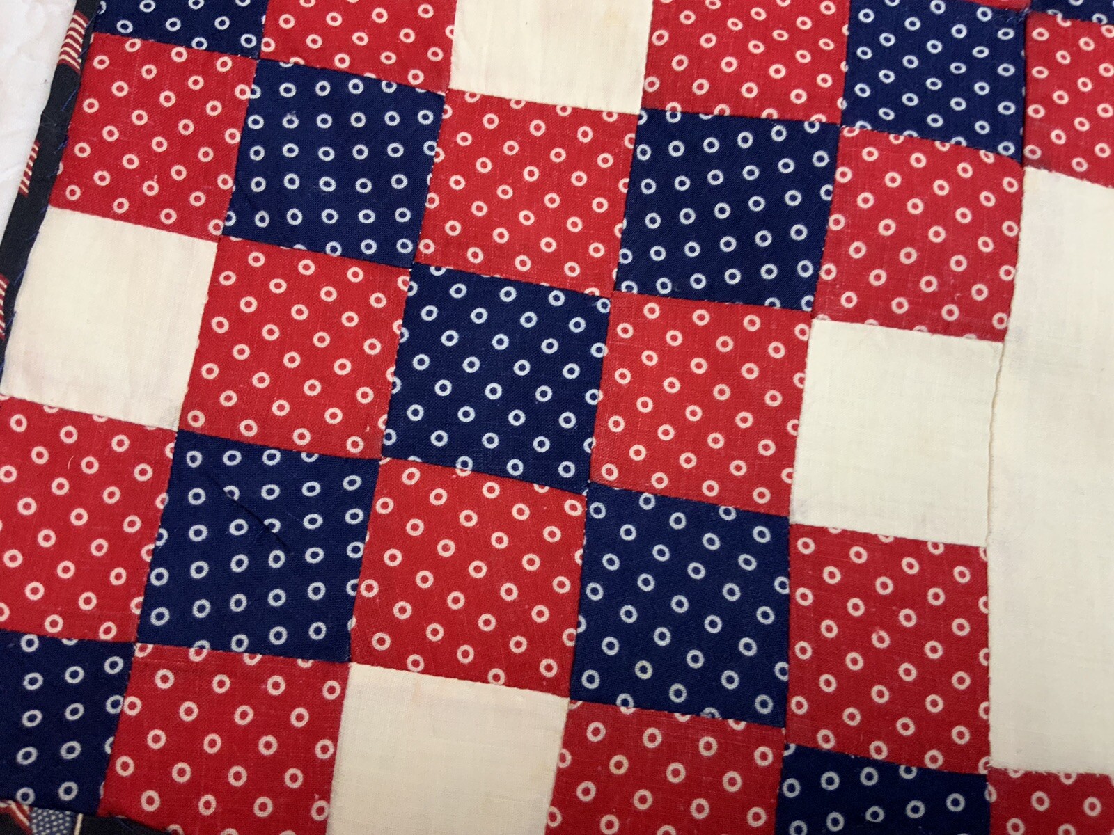 Vintage Patchwork Quilt Table Topper, Nine Patch, Polka Dots, Navy Blue & Red