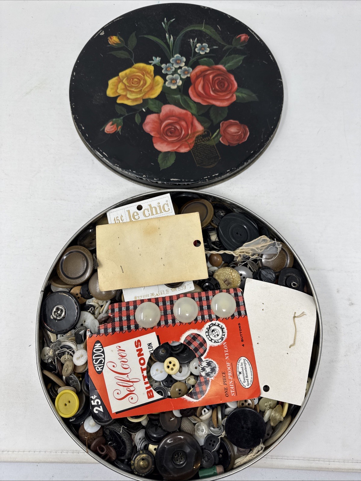 Vintage Buttons Lot 3+ lbs Mixed Materials Shapes Sizes Colors in Chocolate Tin