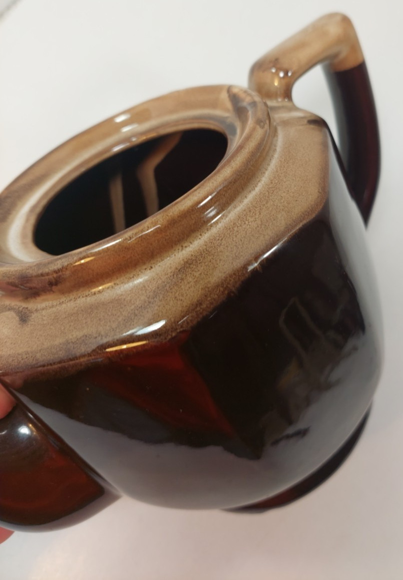 Vtg Brown Carmel Earthenware Drip Glaze Ceramic Octagonal Teapot w/Lid Taiwan