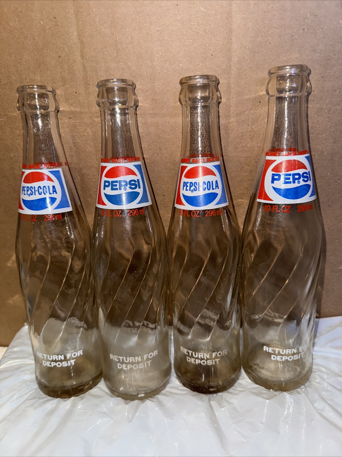 (4x) Vintage Pepsi Cola Glass 10 oz Return For Deposit Money Back Bottle Swirled