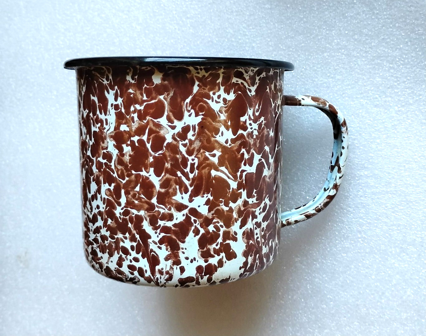 Vintage Brown & White Enamelware Spatterware Cup Mug