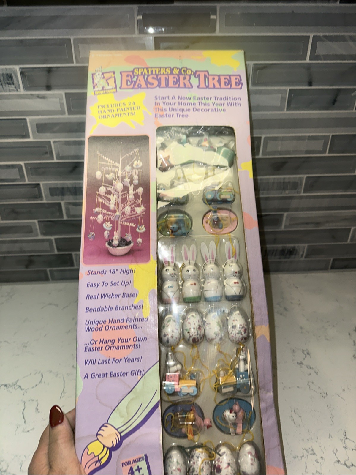 VTG~1993 Easter Tree w/24 Hand-Painted Ornaments~Spatters & Co. 18″ Tall~In Box