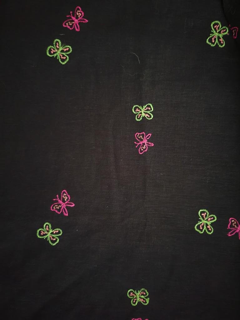 BLACK LINEN RAYON BLEND FABRIC WITH EMBROIDERED BUTTERFLIES