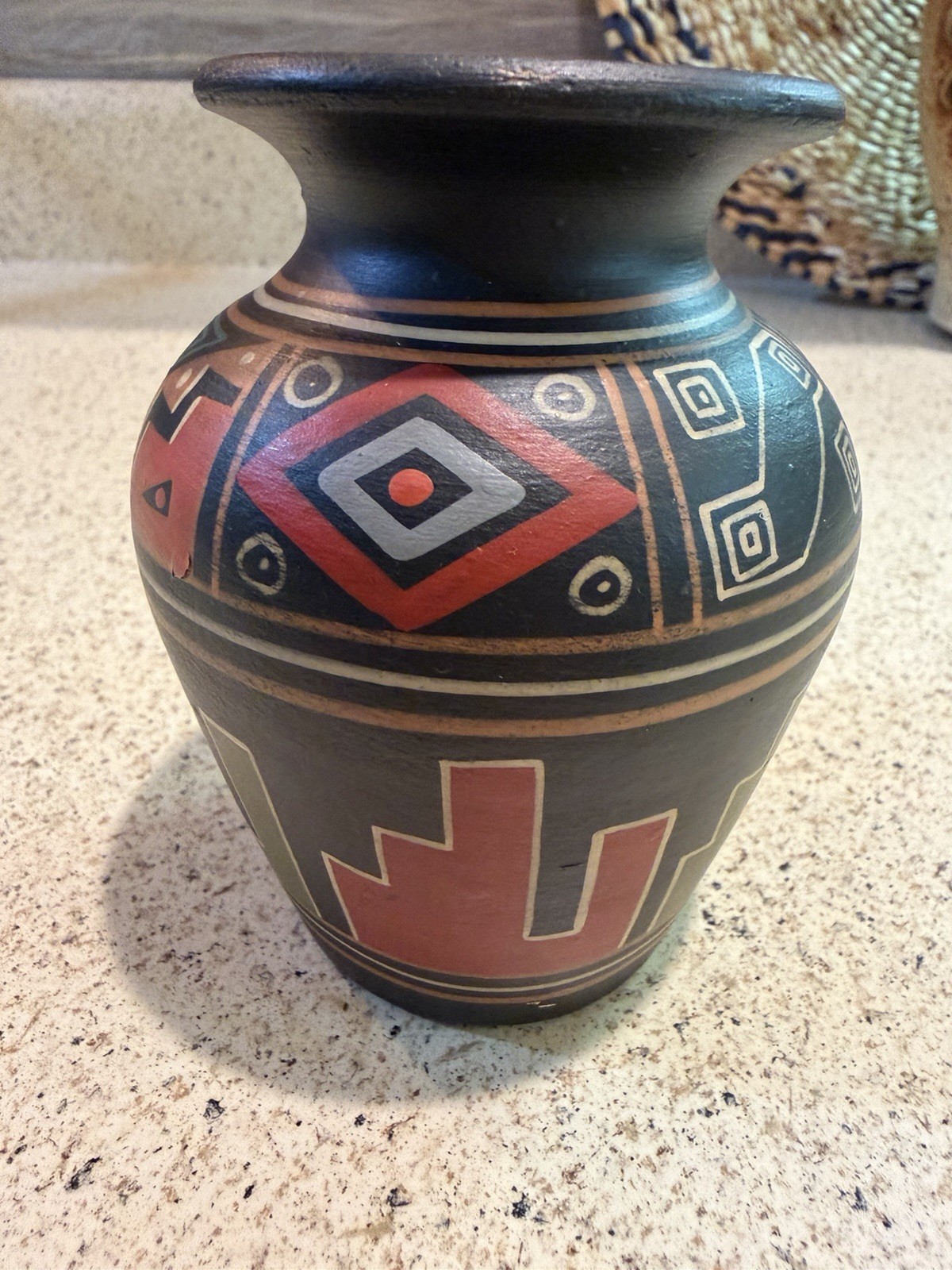 Hand Painted Peruvian Style Clay Decorative Vase 4.5 Inch Black Multicolored