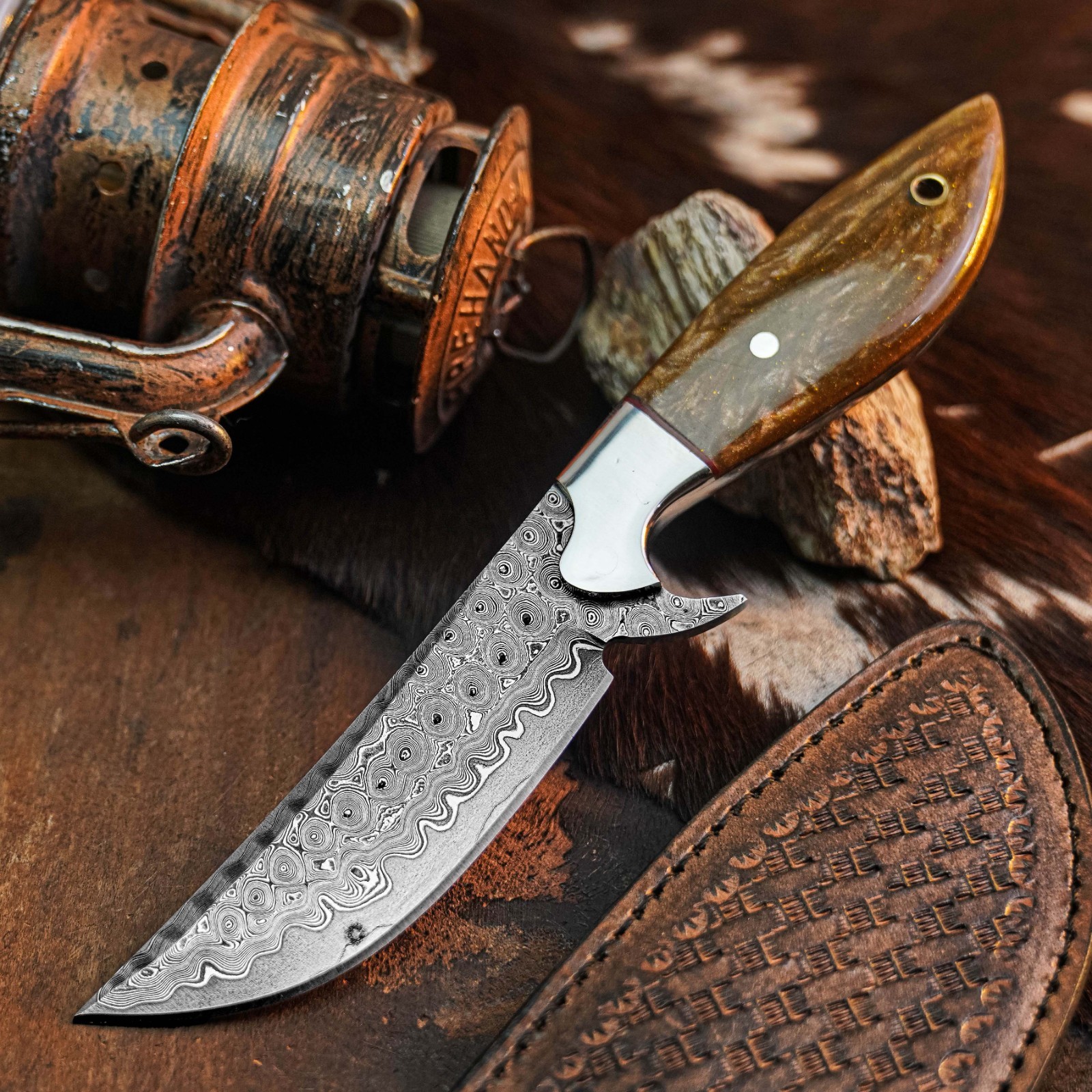 8.9″ inch Damascus Steel Hunting Knife Full Tang Resin Handle Leather Sheath