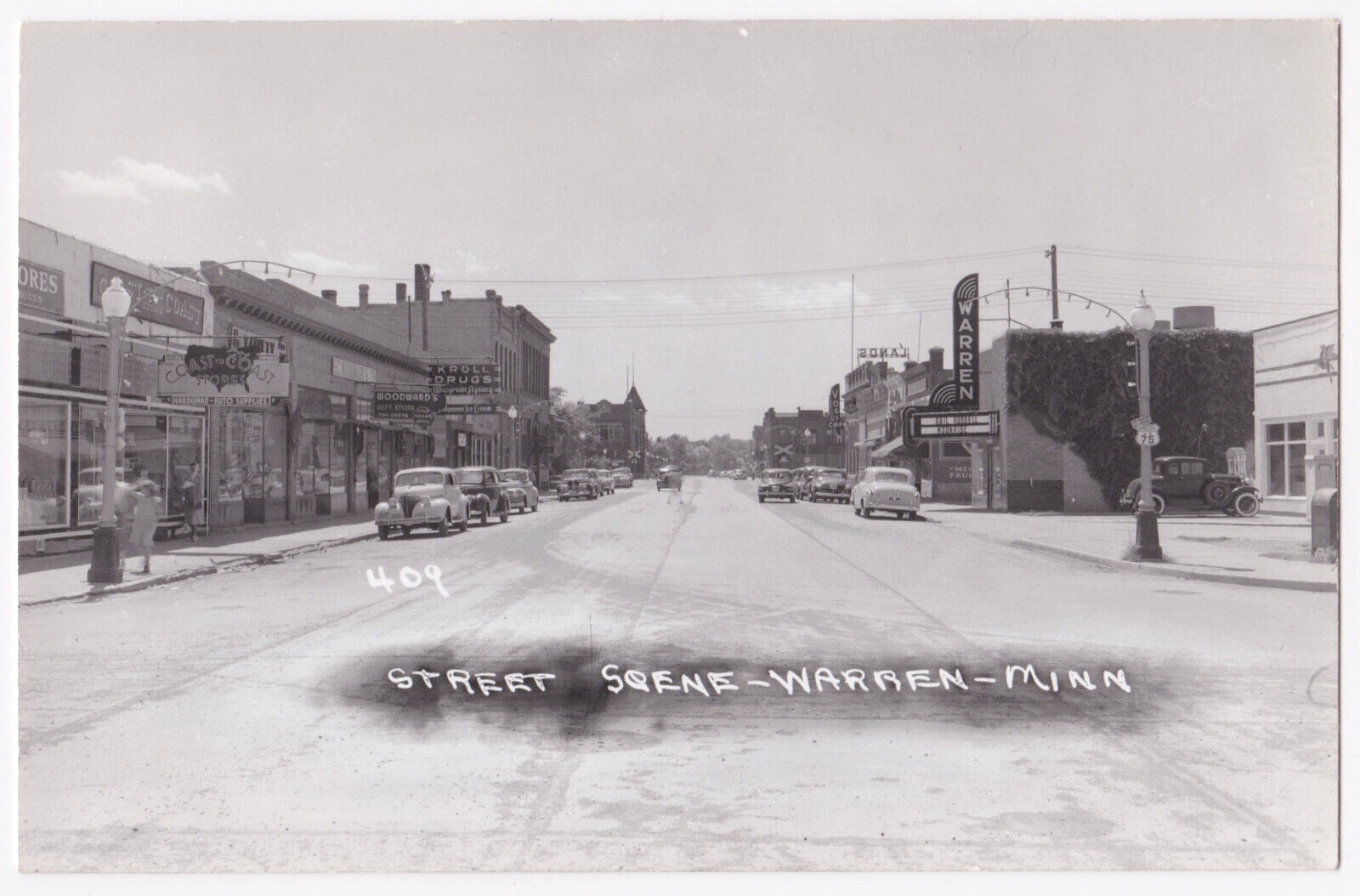 Warren MN Street Scene Cars Theater People Walgreen Agency RPPC Postcard