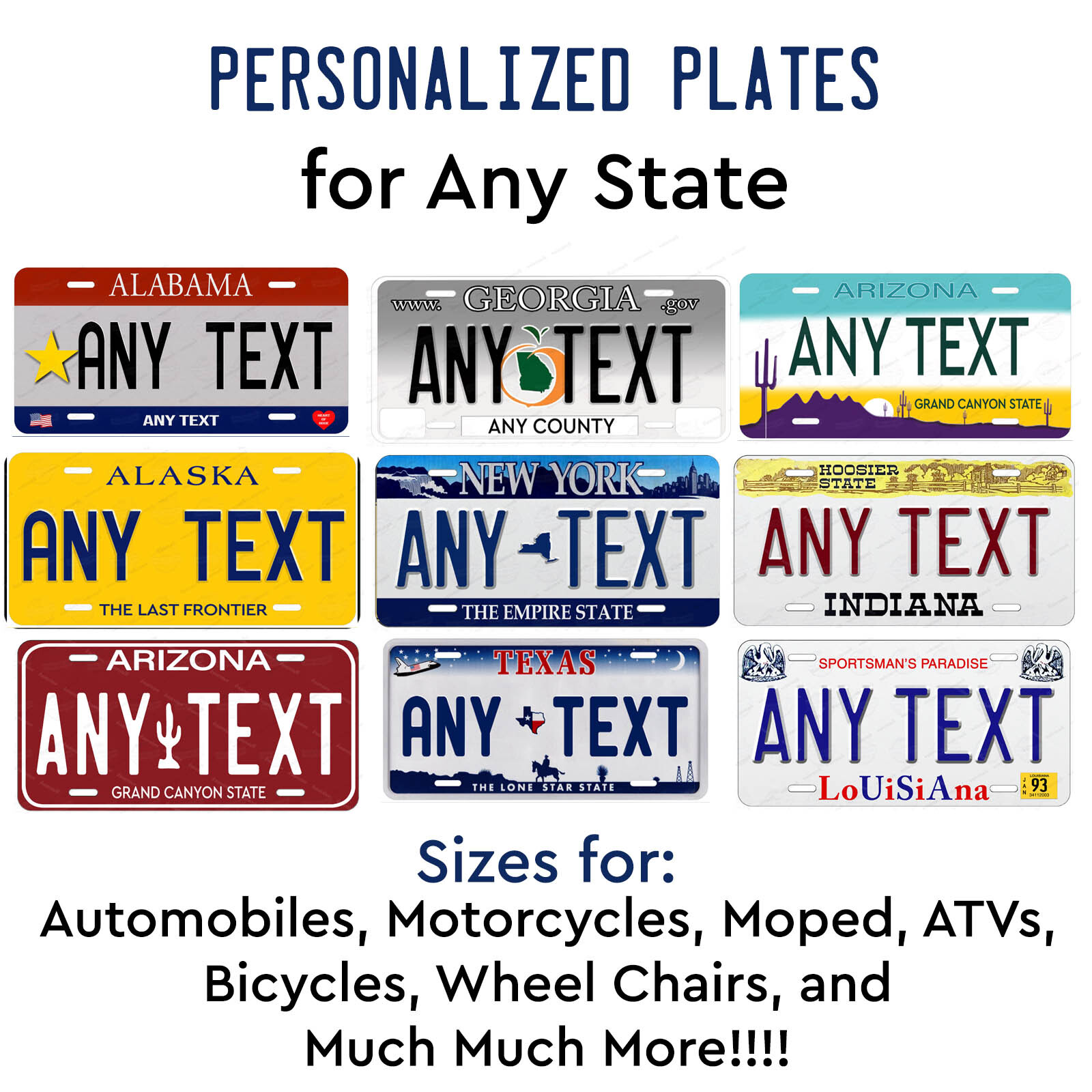 Any State License Plate Tag Personalized Custom Any Text Auto Car ATV Bicycle