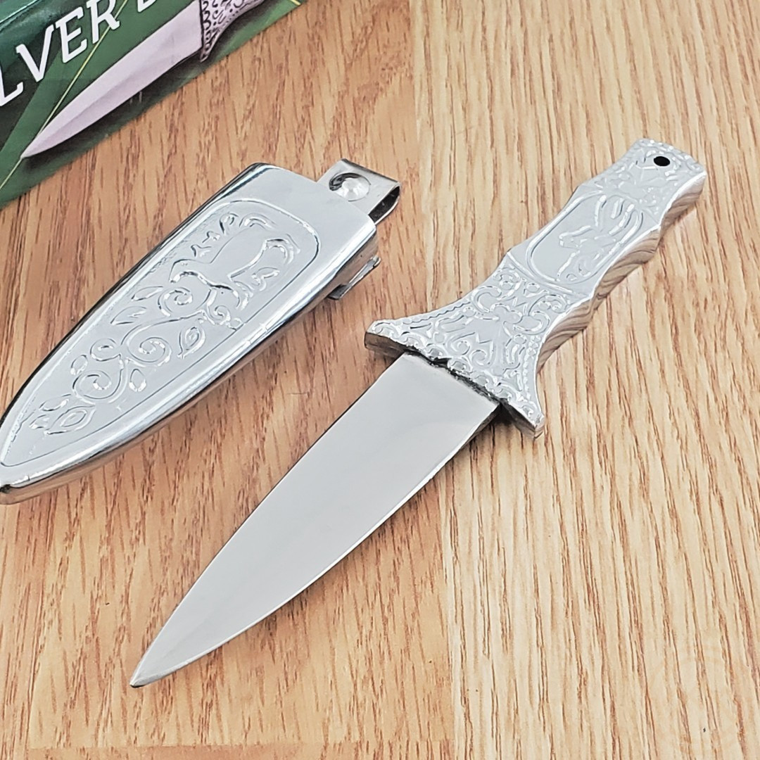 Boot Fixed Knife 3.25″ Double Edge Stainless Blade Relief Cast Metal Handle