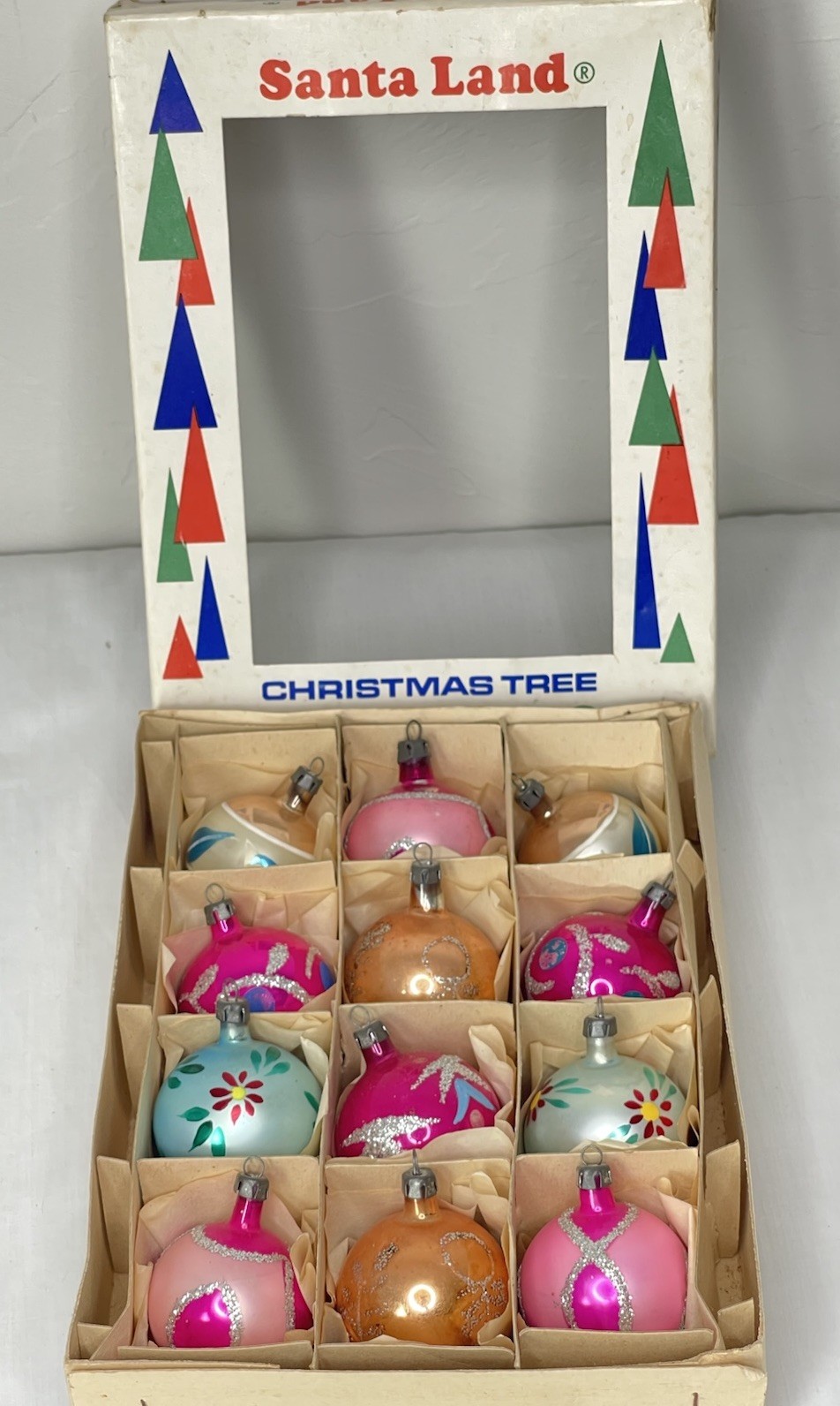 Vintage Santaland Box Of 12 Mixed Mercury Glass Poland Christmas Ornaments