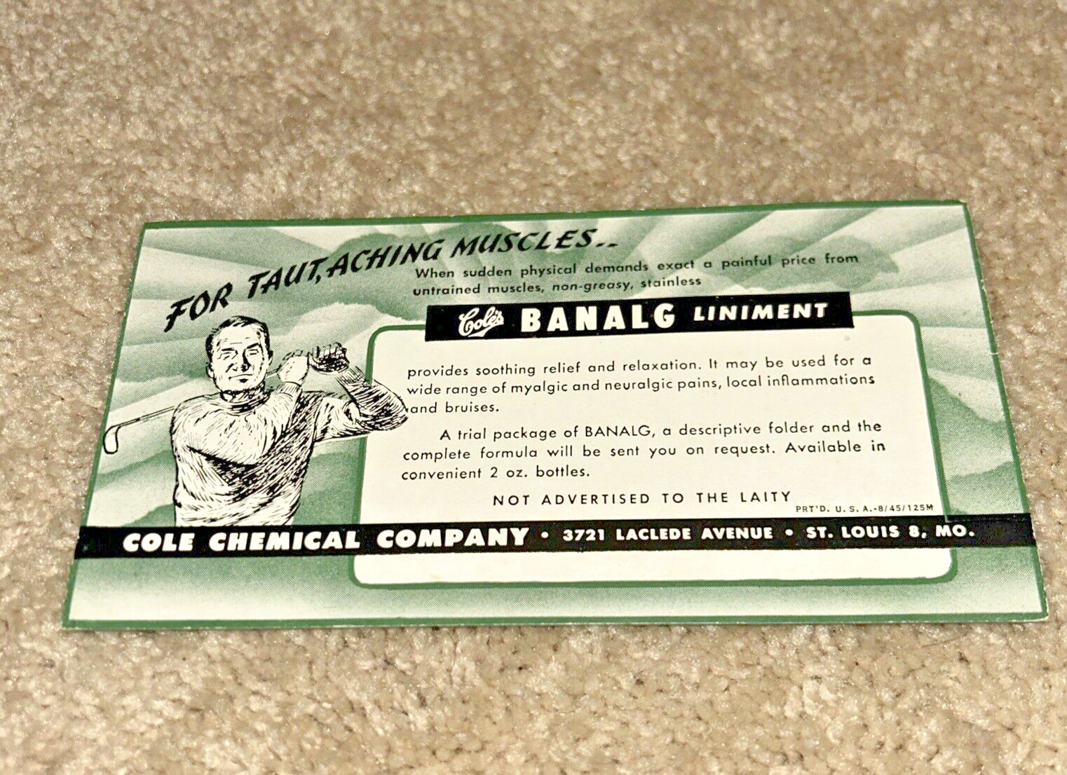 1945 BANALG LINIMENT Blotter COLE CHEMICAL Co. 3721 Laclede Ave. ST. LOUIS MO.