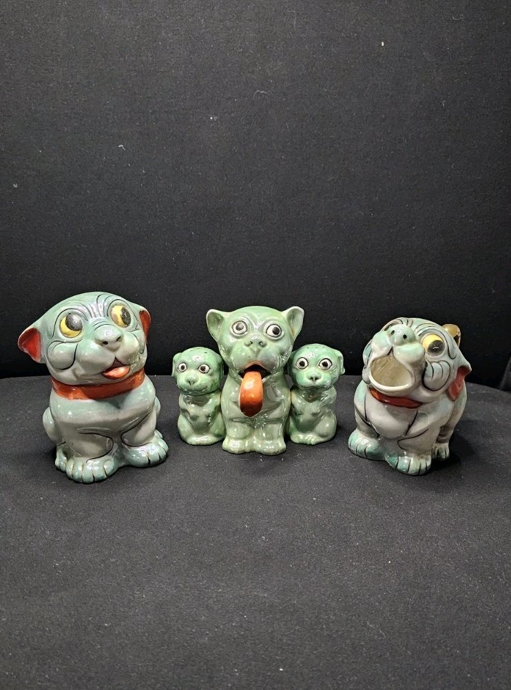 Antique Japanese Lusterware Art Deco Puppy Tea Creamer, Sugar, Salt & Pepper Set