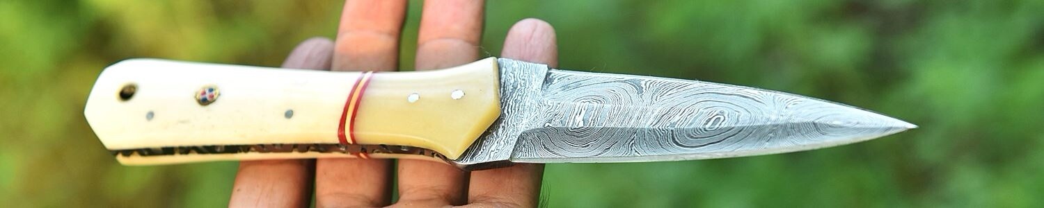 handmade Damascus steel hunting dagger fixed blade boot knife sheath Full Tang