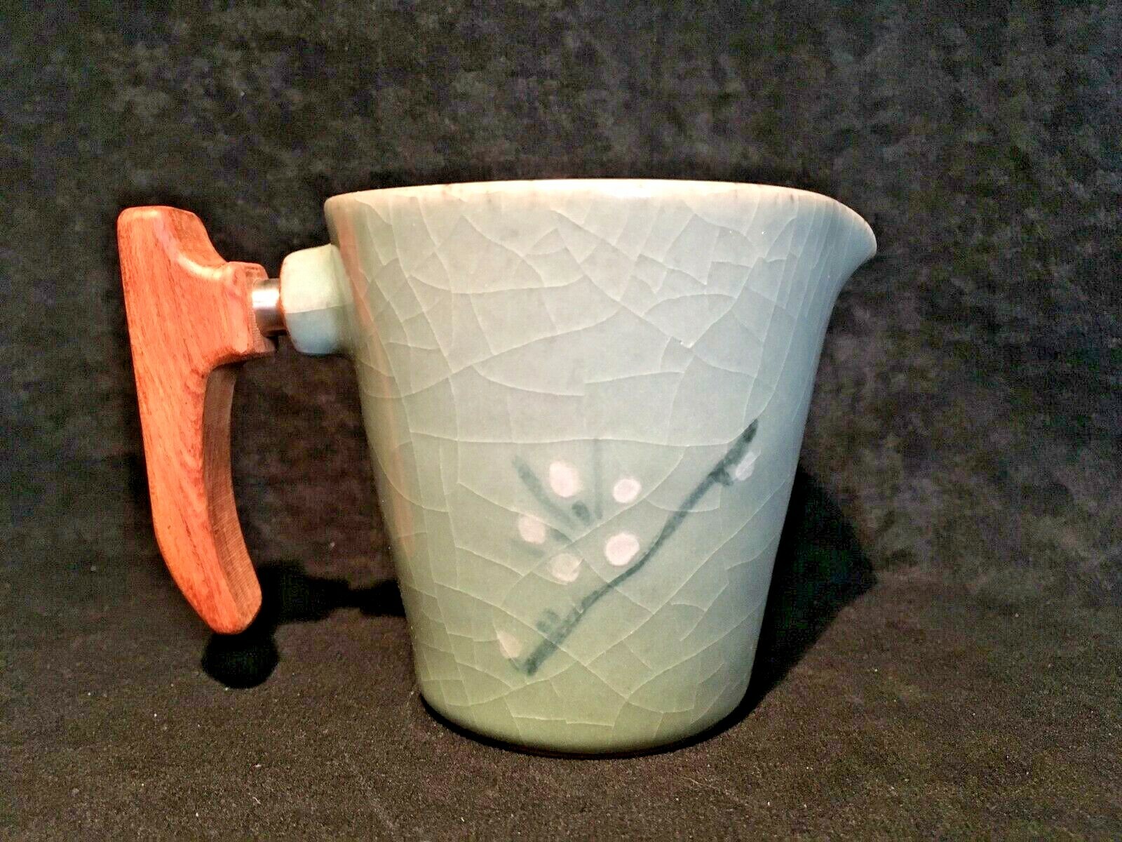 Chinese Art Pottery Wood Handle Ceramic Celadon Crackle Glaze Creamer