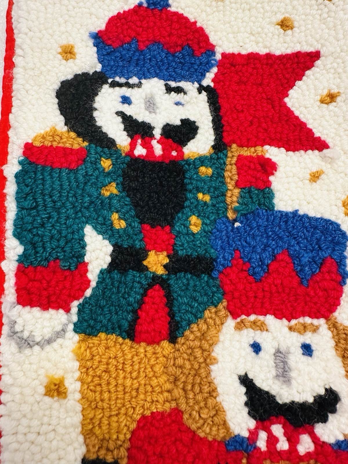 Vtg Latch Hook Loop Christmas Stocking Nutcrackers Toy Soldiers Red Velvet Back