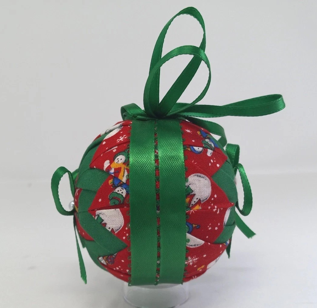 Handmade Folded Star Quilted Patch Ornament Red Green Christmas 3″