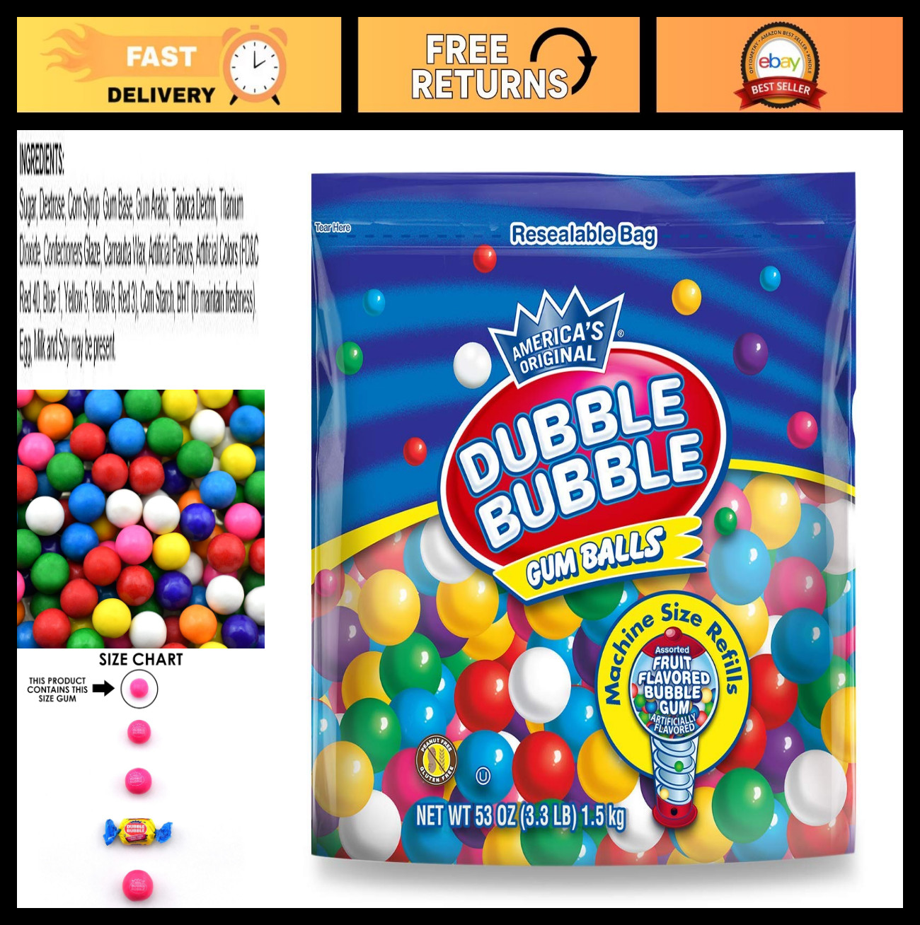 Bulk Gumball Machine Refill – 3+ lbs Assorted .5″ Bubblegum Balls for Dispenser