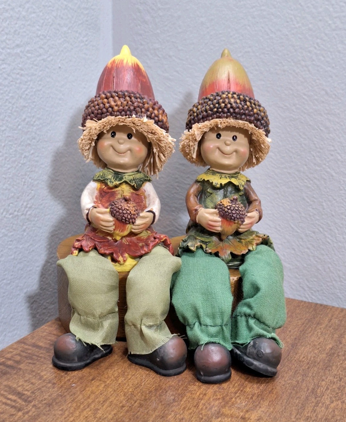Vintage 1970s Set Of 2 Whimsical Acorn Leaf Shelf Sitters Fall Autumn Harvest