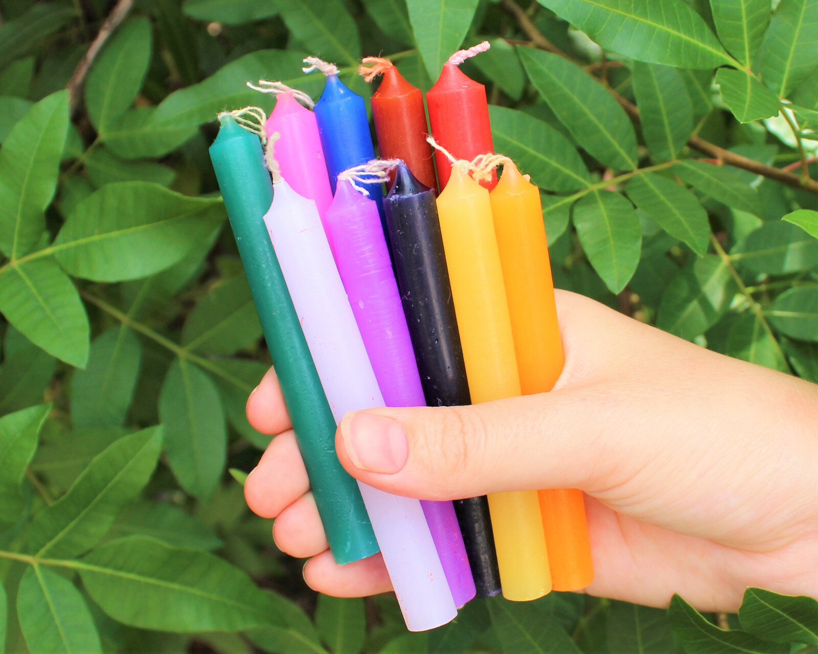 SET OF 20 MIXED COLOR / ASSORTED SPELL / CHIME CANDLES, 4″ x 1/2″ 10 Colors