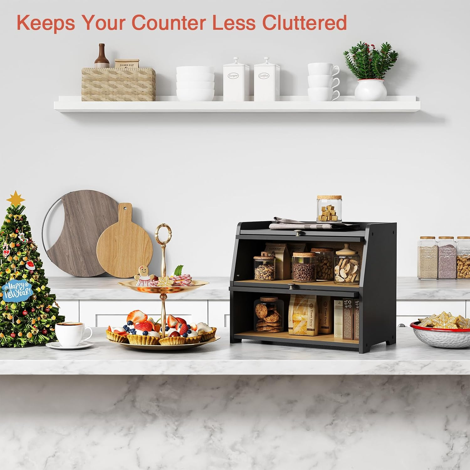 Goozii Large Bread Box for Kitchen Countertop, Black Bread Storage Container for
