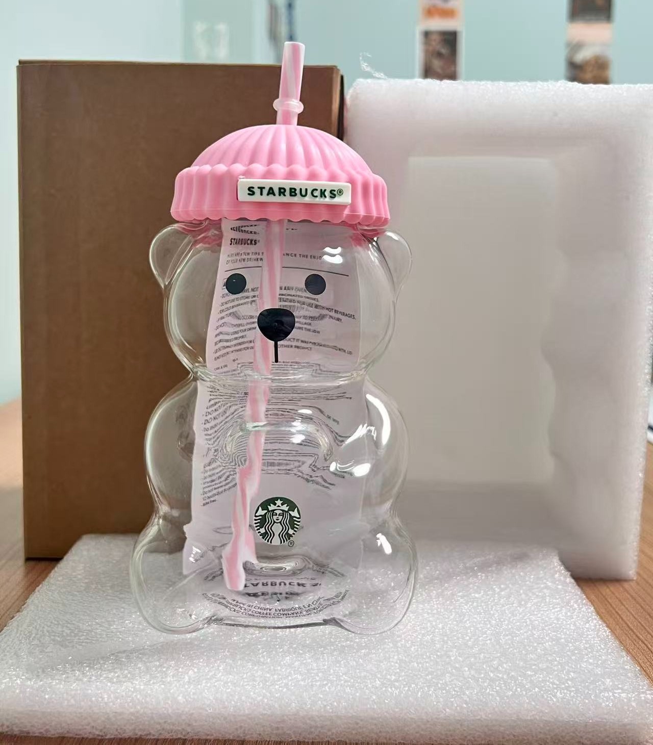 2026 Starbucks Bearista Pink Bear Glass Tumbler Cold Cup with Straw 20oz 591ml！