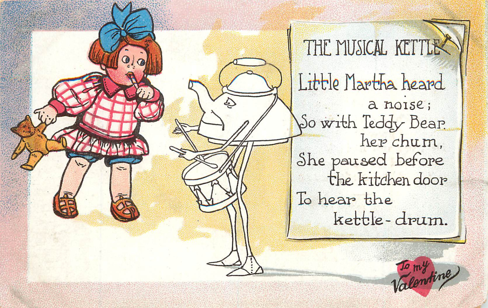 Tuck Postcard Puns Series 13 Musical Tea kettle Drum Anthropomorphic Valentine