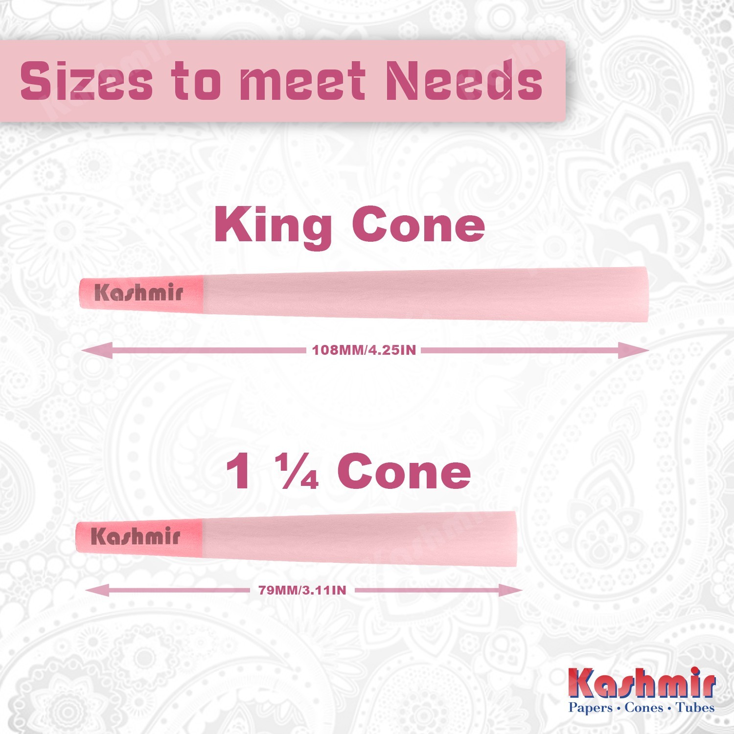 Kashmir Pre Rolled Cones Pink Rolling Papers 1 1/4 Natural Gum & Smooth 100 Ct