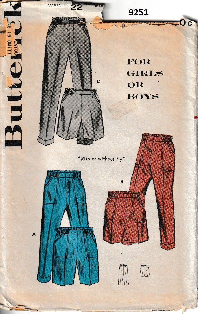 BUTTERICK PATTERN 9251 SIZE 6 WAIST 22″ UNISEX CHILD’S PANTS AND SHORTS UNUSED