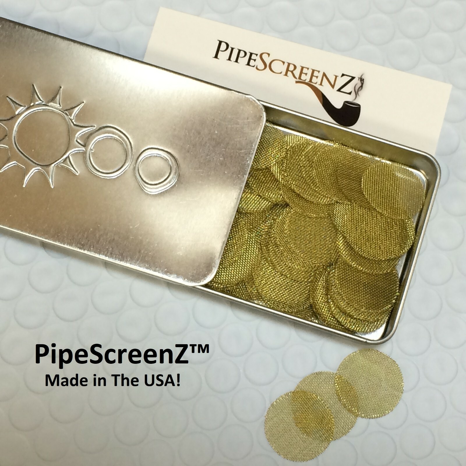 (3/4″) 100+ Count BRASS Pipe Screens 0.750″ /19mm In Slide Top Metal Storage Tin
