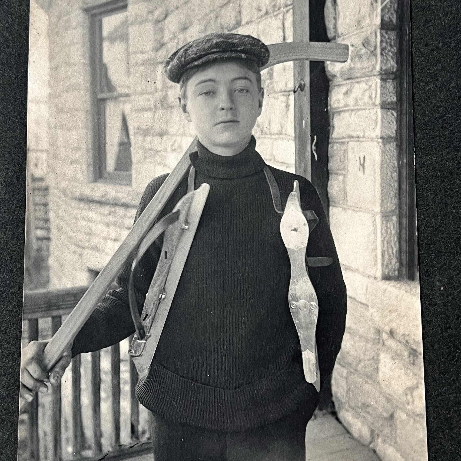 Antique Large Photograph On Board Adorable Boy Ice Hockey Skates Cap