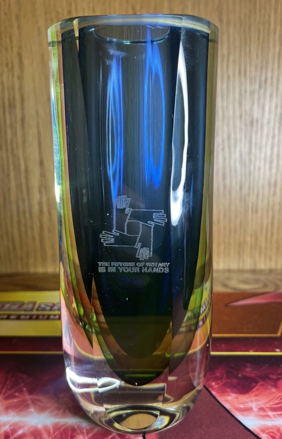 Blue-Green Colored Vase “The Future Of Rotary Is In Your Hands” Sommerso Murano