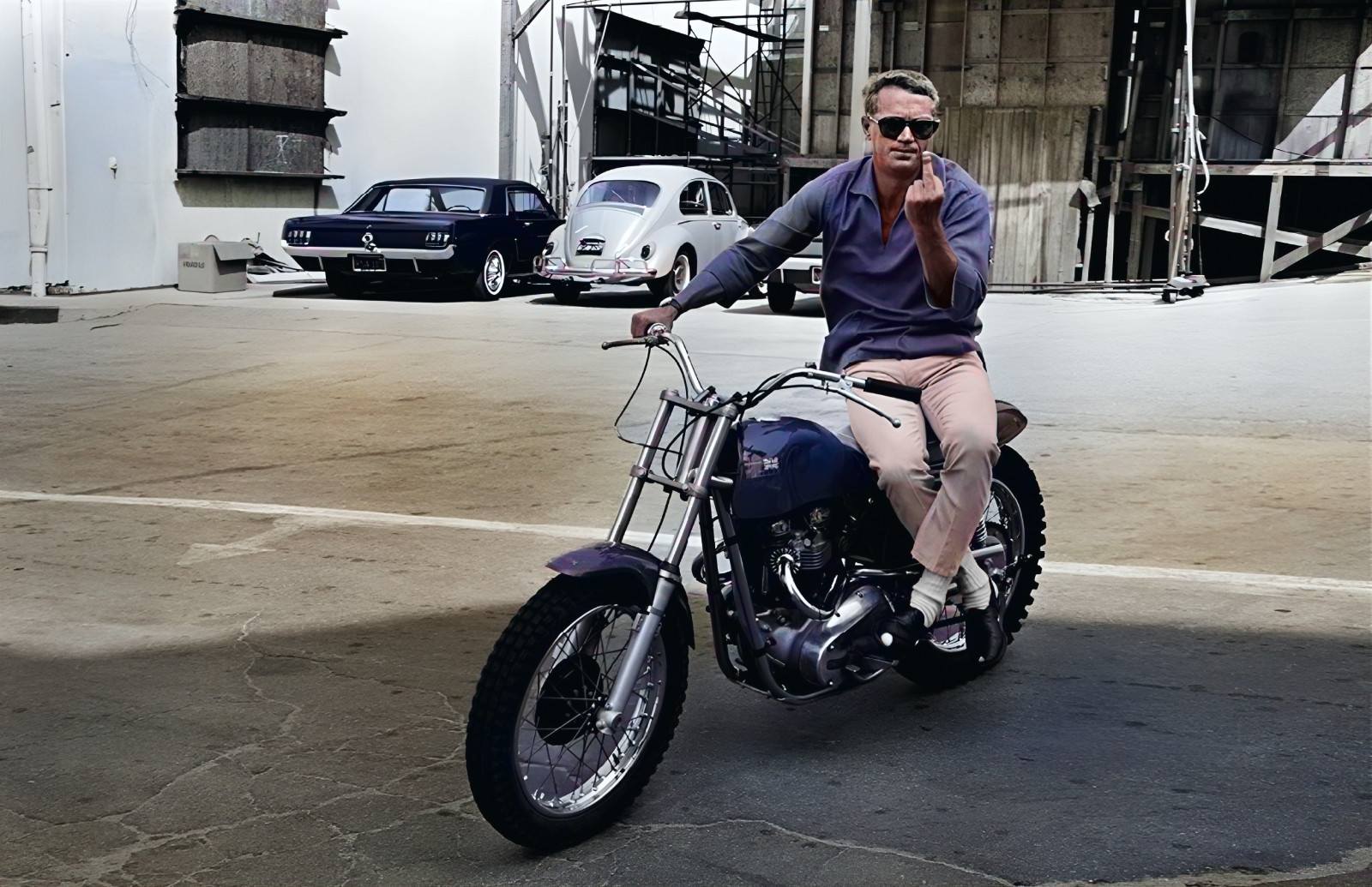 Actor Steve Mcqueen on Motorcycle Flipping Middle Finger Poster Photo 13×19