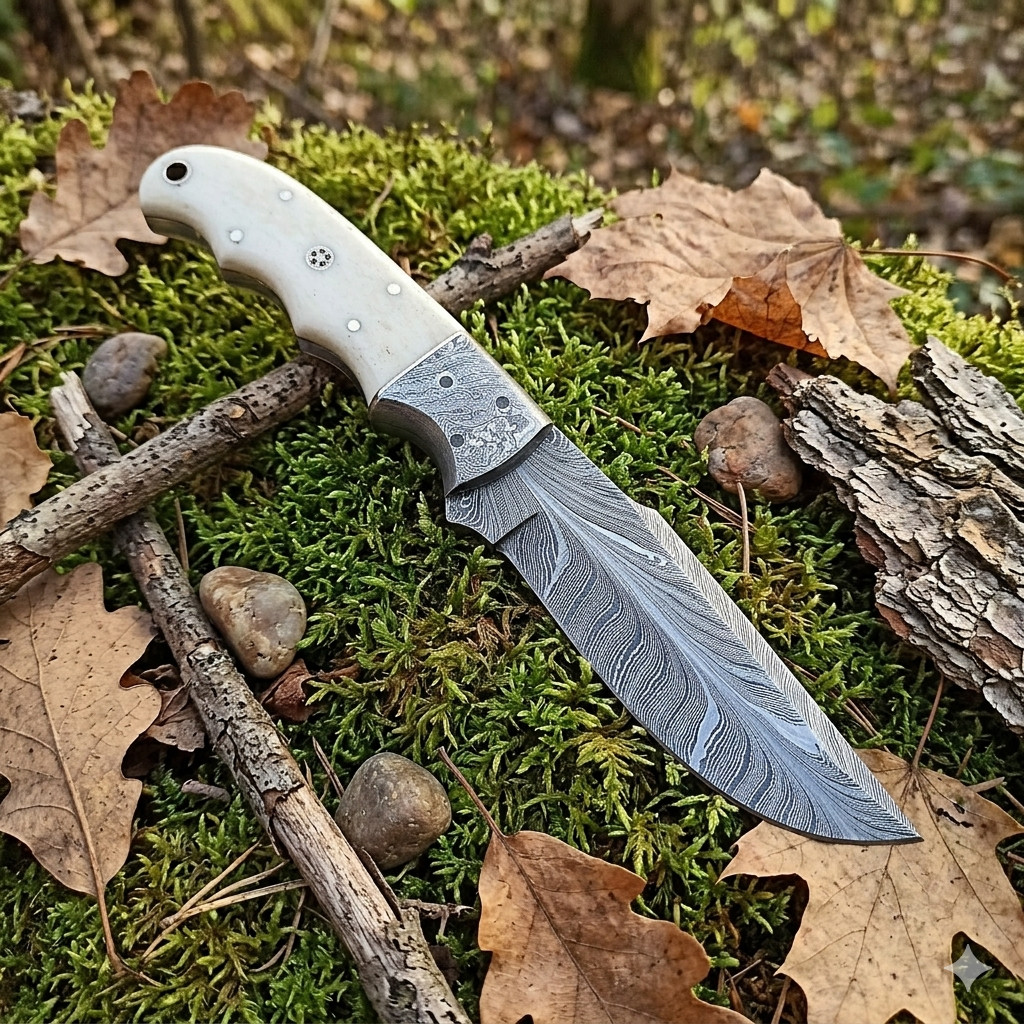 Feather Pattern Fixed Blade Hunter Knife 4.5″ Damascus Steel with Bone Handle