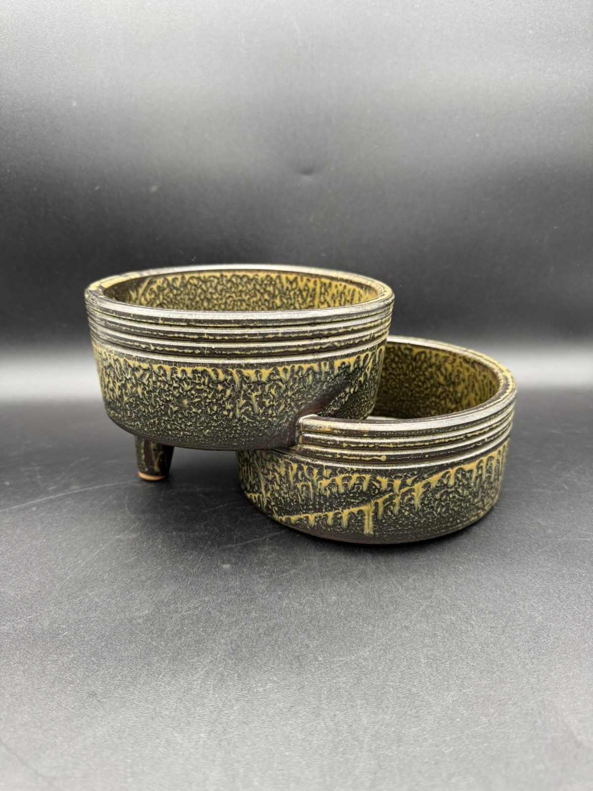 Toyo ikebana vase, 2 tiered, ceramic, vintage, , mid-century, drip glaze 1965