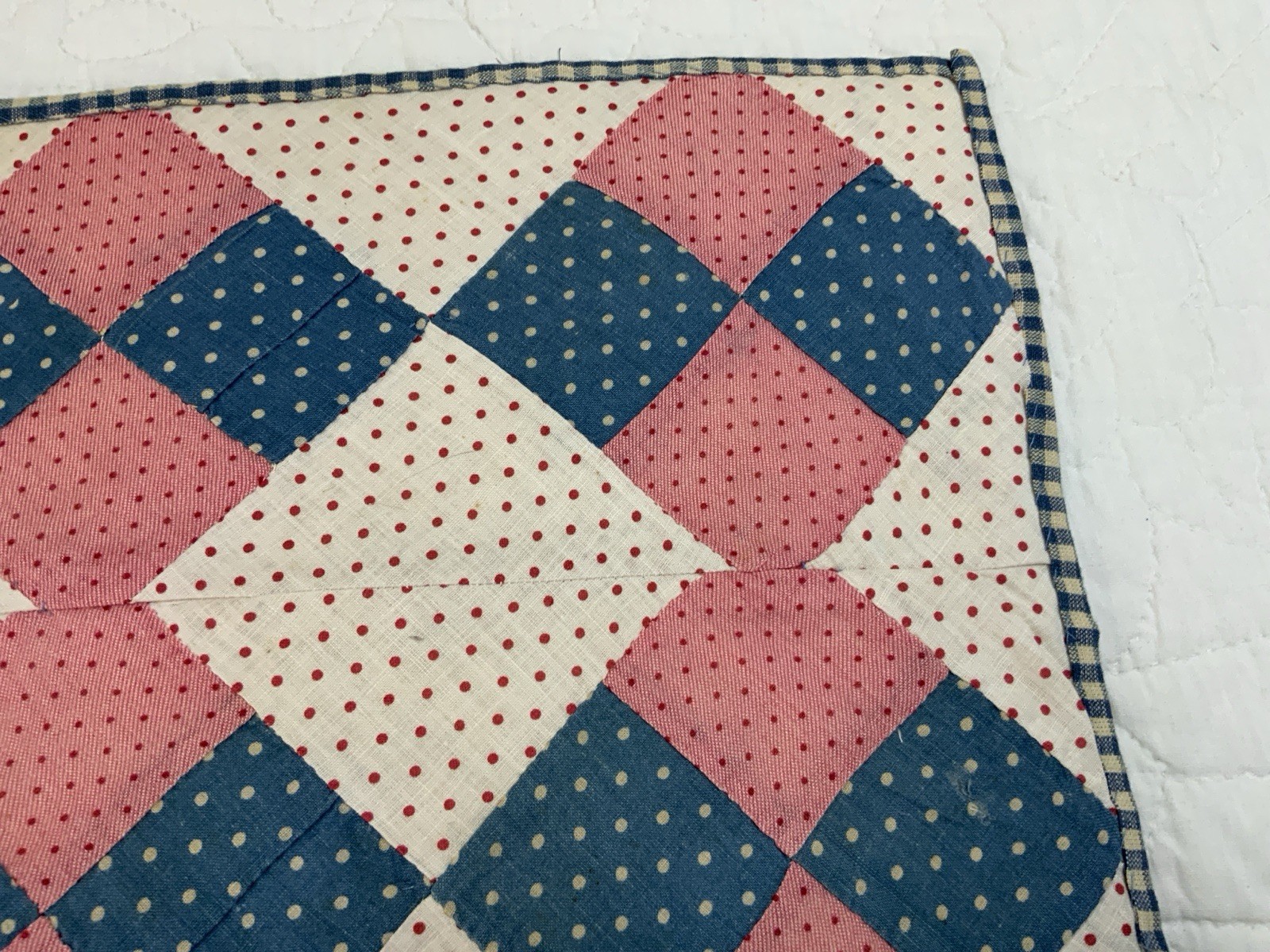 Vintage/Antique Patchwork Quilt Table Topper, Four Patch, Pink, Blue, Dots