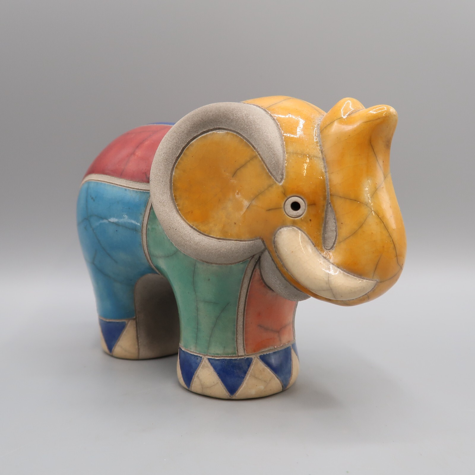 Raku Art Pottery Elephant Signed South African Multi Color Crackled Figurine