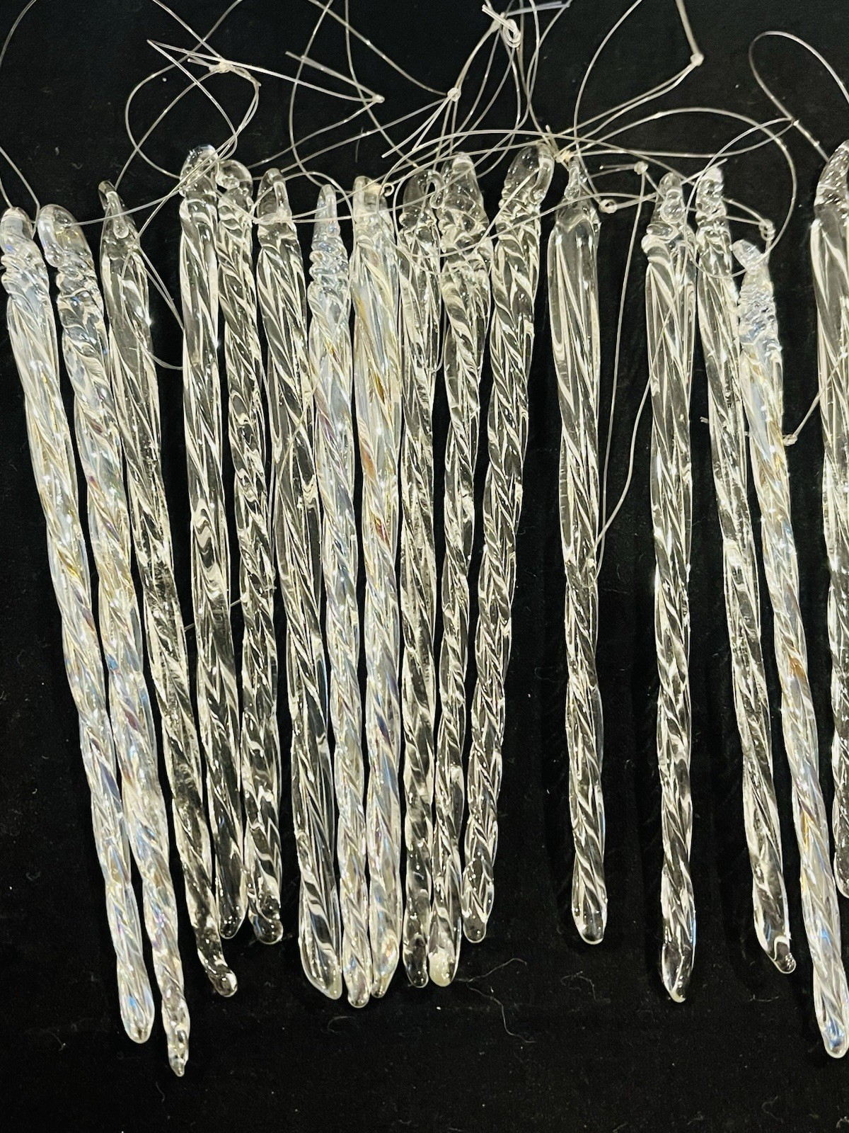 16 Vintage Hand Blown Glass Clear White Twisted Icicle Christmas Ornaments 5”
