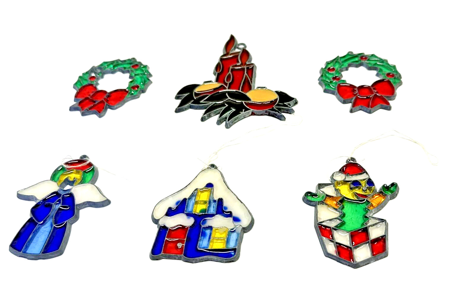 6 VTG Stained Glass Sun-catcher Christmas Ornaments: Candle, Angel, Wreaths, ++