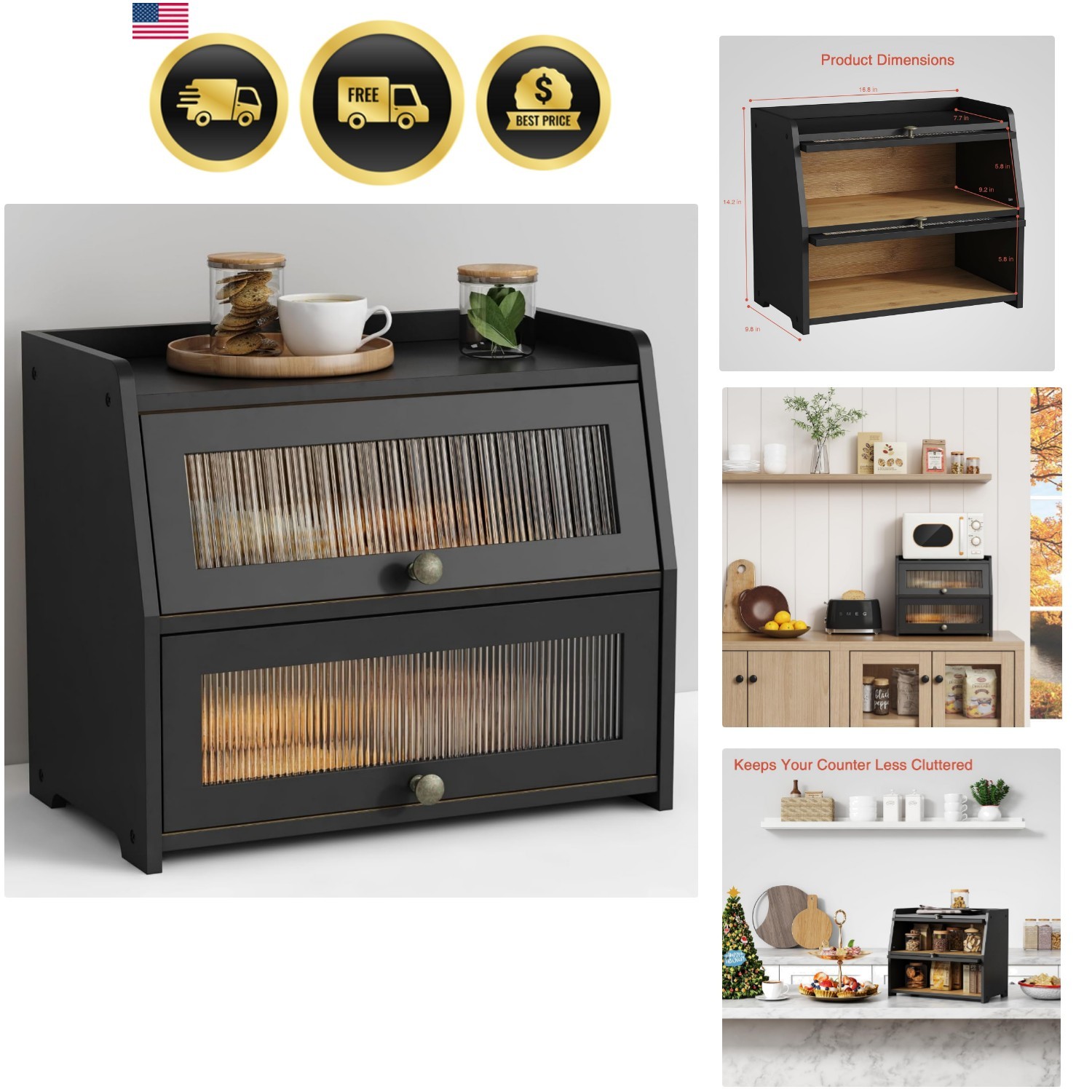 Large Bread Box for Kitchen Countertop Bread Storage Container Household Orga…
