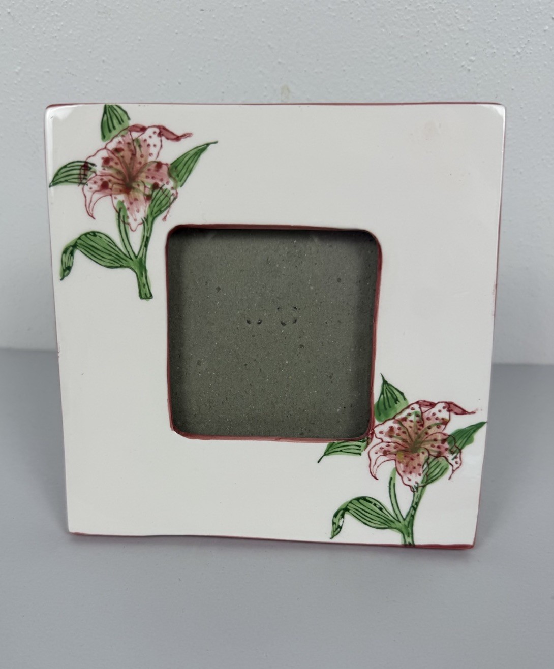 Vintage Ceramic Picture Photo Frame Square Cottagecore Tiger Lily 3.75” Picture