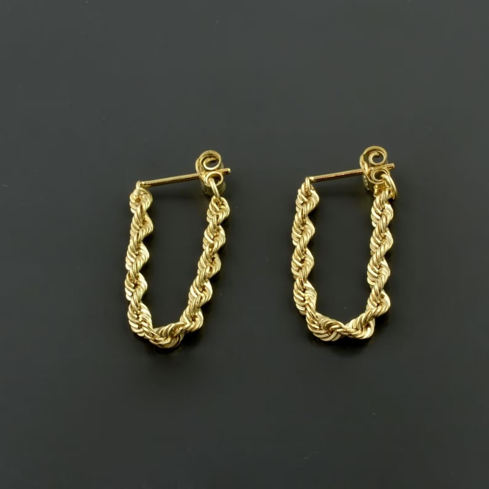 18K Yellow Gold Over 2.5mm Rope Chain Stud Dangle Earrings w/ Push Back Closure