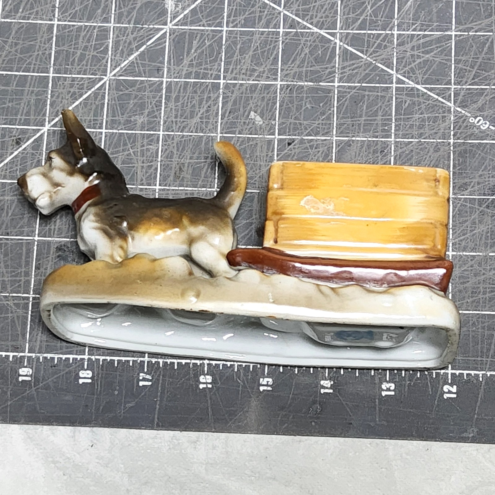 Vtg repaired scottish terrier pulling sled basket ceramic dog planter japan 60s