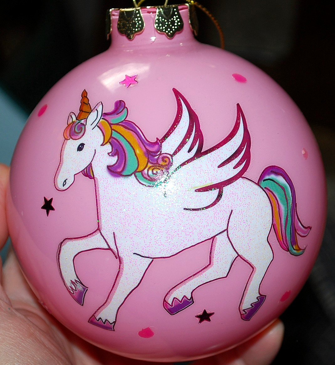 Vtg LARGE ROUND GLASS BALL ORNAMENT Pink Unicorn RAINBOW BRIGHT Glitter Stars 5″