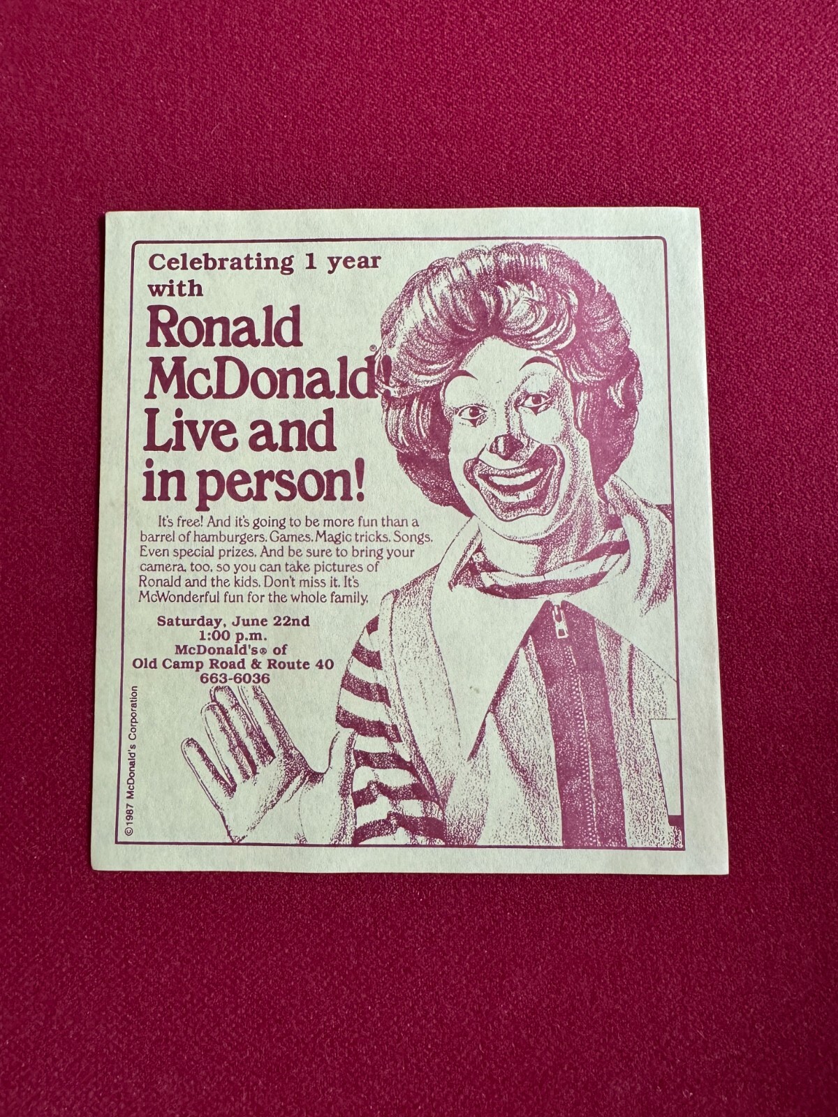 1987, McDonald’s, “Meet” Ronald McDonald “Un-Used” Flyer (Scarce / Vintage)