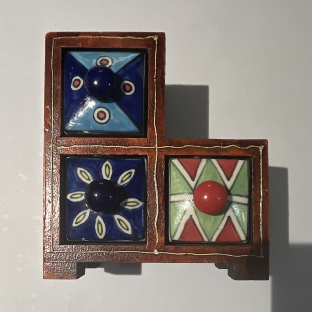 Multicolor Ceramic and Wood Trinket Box with Geometric Pattern, Novelty Theme